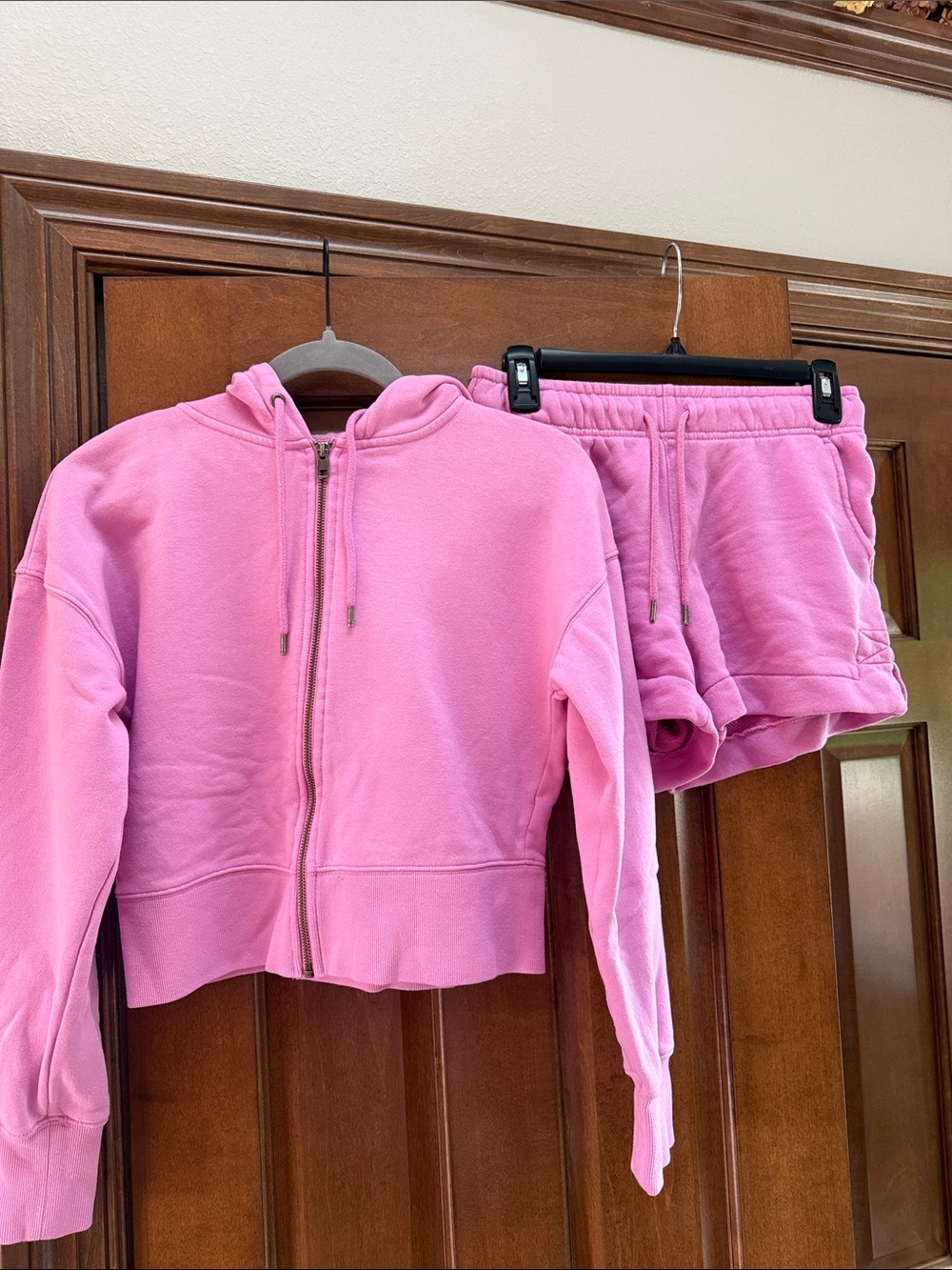 Universal Thread Pink Cropped Zip Hoodie and Drawstring Shorts Set